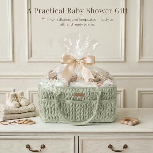 Konssy Baby Diaper Caddy Organizer, Braided Quilted Design with PU Handles - color: Fog Green