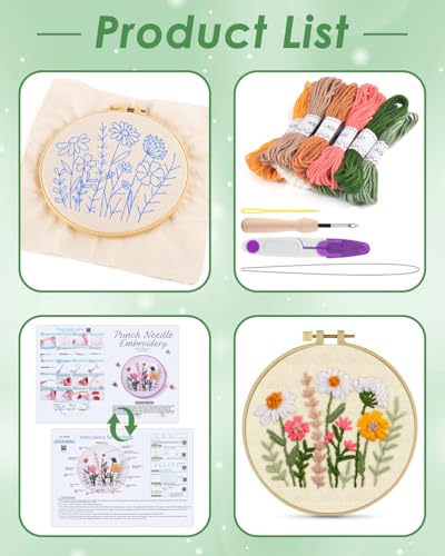 ERKOON Punch Needle Kit Beginners Adults, DIY Easy Flower Embroidery Set for Starter Art Craft, Needling Punching Project with Patterns, Tools, Yarns, Hoop, Instruction (Colorful Daisies) - color: Colorful Daisies