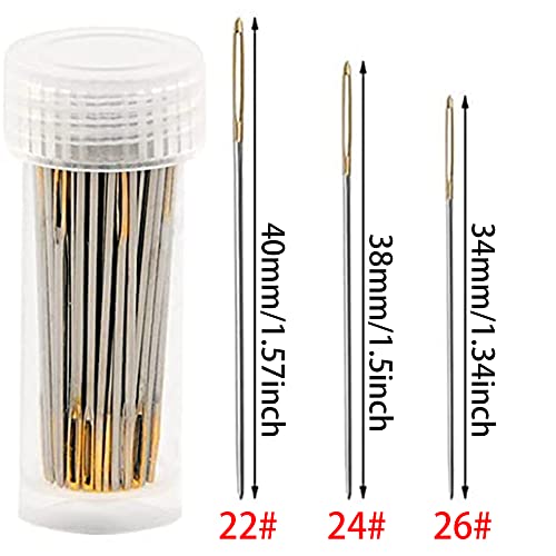 90pcs Cross Stitch Needles +2 Needle Threader Golden Color Large Eyes Cross Stitch DIY Embroidery Hand Needles Sewing Needles in Transparent Box Size 22# 24# 26# - style: 22#+24#+26#