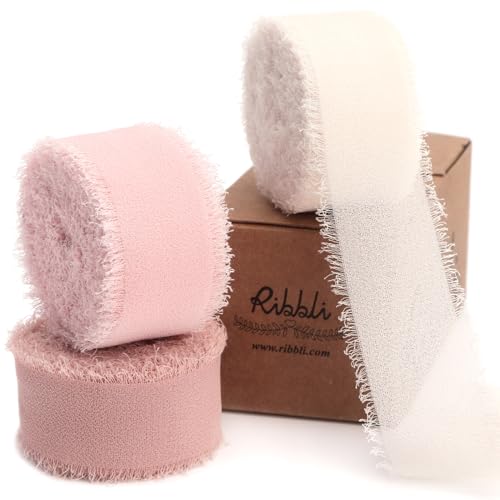 Ribbli Pink Ribbon 1 Inch x 3 Rolls Total 24 Yards Cream/Blush Pink/Rose Gold Handmade Fringe Chiffon Silk Ribbon for Wrapping Wedding Invitations Bridal Bouquets DIY Crafts Home Decor - color: Cream/Blush/Rose Gold