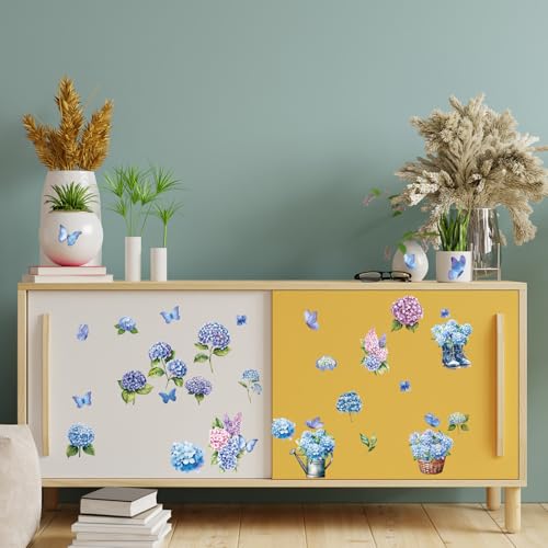 6 Sheets Vintage Floral Rub on Transfers, Blue Blooming Hydrangeas Rub on Transfer for Crafts and Furniture, Flowers Butterflies Stickers Decal for DIY Wood Furniture Wall Office Decor 11.8 x 7.9 Inch