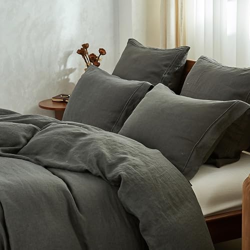 Simple&Opulence 100% French Linen Pillowcases with Embroidery – Pack of 2, Washed Solid Color Natural Flax, Soft & Breathable - Dark Grey, 20'' x 26'' - color: Dark Grey, size: Queen