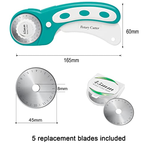 45mm Rotary Cutter with 5pcs Extra Blades, Ergonomic Handle Rolling Cutter with Safety Lock for Fabric, Leather, Crafting, Sewing, Quilting, Fabric Rotary Cutter Perfect for Left & Right Hand (Green) - color: Turquoise, size: 45mm