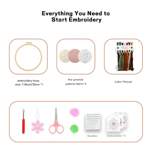 JOINRUN Beginner Embroidery Kit for Adults, 3 Pack with Video Tutorial - color: Fox