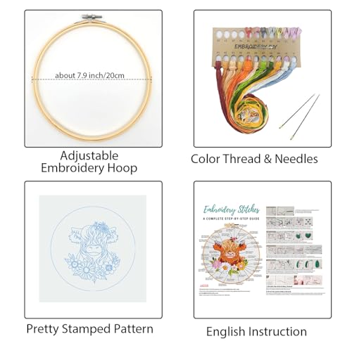 Louise Maelys Highland Cow Embroidery Kit for Beginners Floral DIY - color: kit-12