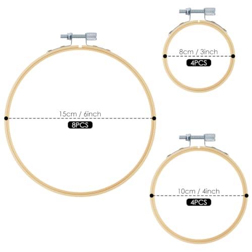 TINDTOP Embroidery Hoops, Bamboo Frame Circle Cross Stitch Hoop Ring Embroidery Hoops Set for Embroidery and Cross Stitch (3IN*4 + 4IN*4 + 6IN*8) - color: 3IN*4 + 4IN*4 + 6IN*8
