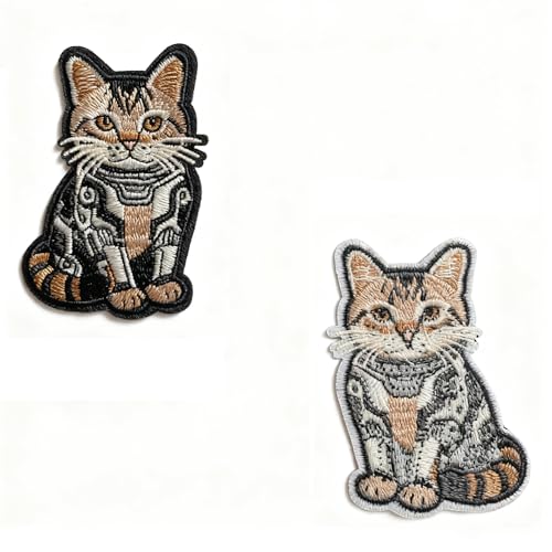 U-Sky Sew or Iron on Embroidered Patches | Cybernetic Cat with Mechanical Parts Fusion Design | Steampunk Animal Theme for Jackets Bags Hats Denim | 2.0"x2.9" 3PCs Pack - color: Shorthair Machanical