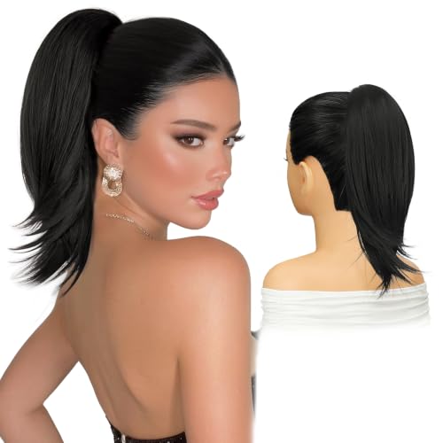SOFEIYAN Drawstring Ponytail Extension for Women 15 Inch Comb Clip in Straight Clip on Hairpiece Layered Fluffy Thick Pony Tails Hair Extension Synthetic Hairpieces for Daily Use - Natural Black - color: Natural Black