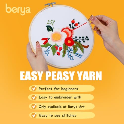 BERYA Embroidery Kit for Beginners, Flowers and Leaves Embroidery Practice Kit, Hand Floral Embroidery Starter Kit for Adults with Video Step by Step Instructions, Hoops, Threads and Needles (BEF014) - color: flower yellow and pink