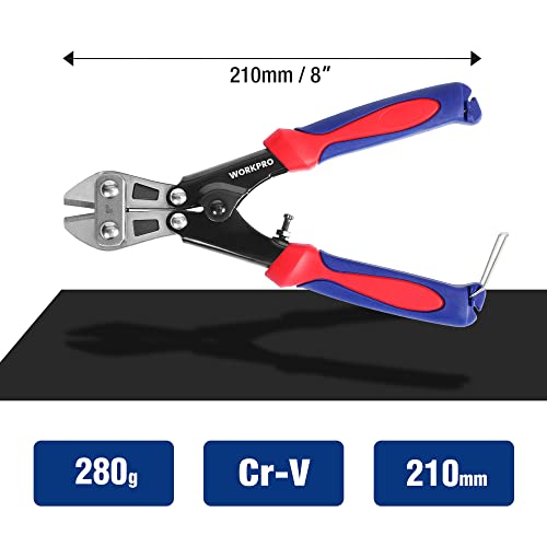 WORKPRO Mini Bolt Cutter 8-inch, Spring Loaded Small Heavy Duty Wire Cable Cutter, Snips Clippers with Soft Anti-Slip Handle (Pack of 2) - size: 8-inch/210mm (Pack of 2), style: Bolt Cutter
