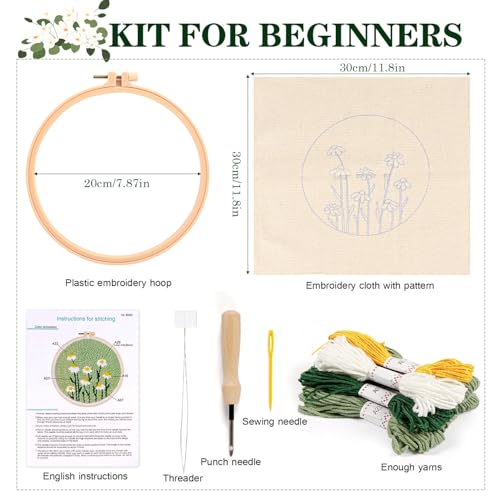 KESTAR Punch Needle Embroidery Starter Kits, Daisy Flower Punch Needle Kits for Adults Beginner, Needle Punch Kit Tool with Instruction Threader Fabric Yarns and Hoop - color: Green Daisy