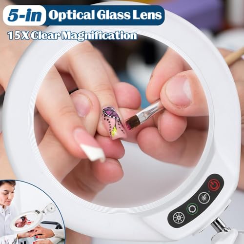15X Magnifying Glass with Light and Stand, Super Bright 2,200 Lumens LED Magnifying Floor lamp with 5 Wheels Rolling Base, 5 Color Modes Stepless Dimming Lighted Magnifier for Esthetician Facial Salon - color: White