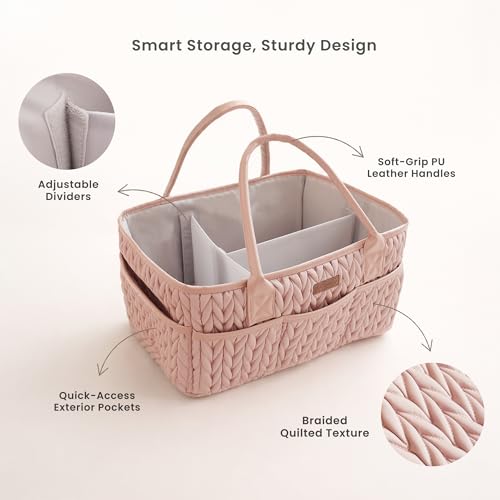 Konssy Baby Diaper Caddy Organizer, Braided Quilted Design with PU Handles - color: Blush
