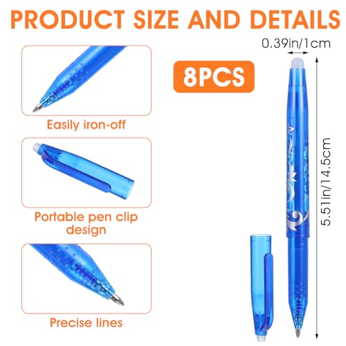 8pcs Heat Erasable Pens for Fabric, Fabric Marking Pens Fabrics Markers No Ghost Lines, Disappearing Ink for Precise Marking for Quilting Sewing Embroidery DIY Dressmaking Fabrics Tailors Chalk