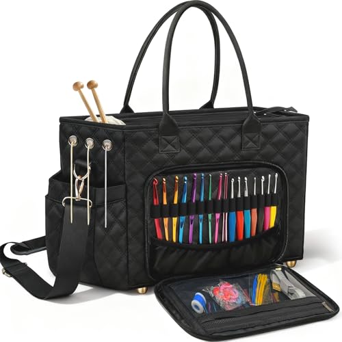 Crochet Bag Yarn Storage, Large Knitting Tote with Padded Crochet Hook Organizer, Tote with Multiple Compartments for Crochet Lovers, Knitting Accessories - color: Black01