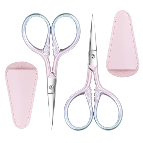 2 Pcs Eyebrow Scissors, 3.5 Inch Pink Stainless Steel Straight Tip - color: Pink