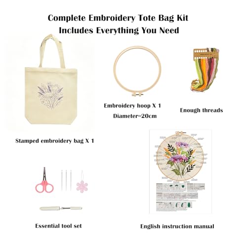 Vigdit Canvas Tote Bag Embroidery Kit for Beginners, Needlepoint Cross Stitch Kit for Adult Beginner, DIY Reusable Grocery Bags Embroidery Starter Kit with Stamped Floral Tools & Instructions - color: Flower1