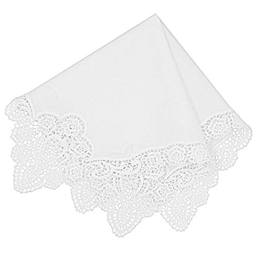 Milesky White Wedding Handkerchief Pure Cotton, Soft Ladies Hanky with Crochet Lace - color: Ch06