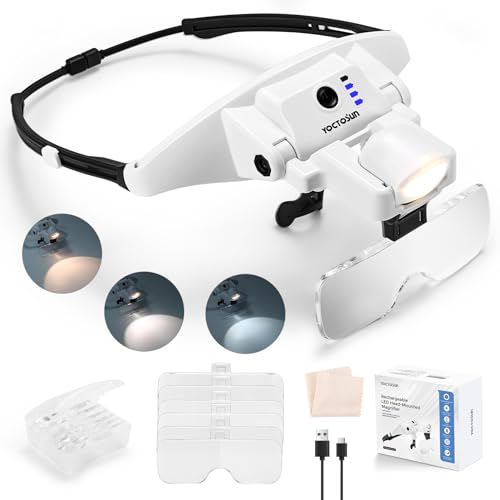 YOCTOSUN Magnifying Glass with Light,1.0X-4.0X Headband Magnifier 6 Lenses - color: White