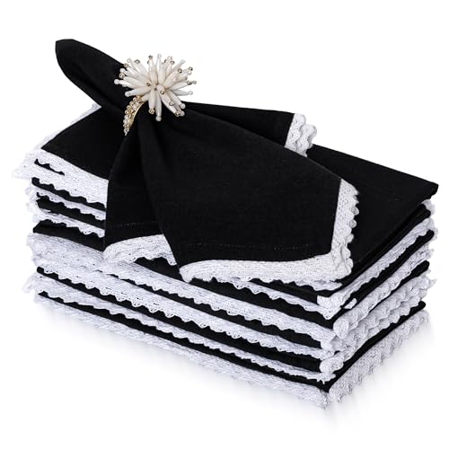 FINGERCRAFT Lace Cloth Napkins, Cotton Linen, 12 Pack, 20x20 Inch, Black - color: Black, size: 20" x 20" (Set of 12)