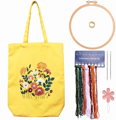 CREAWONDER Canvas Tote Bag Embroidery Kit with Pattern for Beginners, Arts and DIY Embroidery Crafts Kits for Adults, Include Instructions, Thimble, Embroidery Hoops, Color Threads and Tool - color: CR002 huaguangpianran yellow