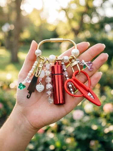 MEYAGO Needlepoint Bag Charm Tool Kit with Mini Embroidery Scissors, Needle Threader, Needle Holder Tube & Gold Keyring, Portable Embroidery Accessories for Cross Stitch Sewing DIY Crafts (Red) - color: Red