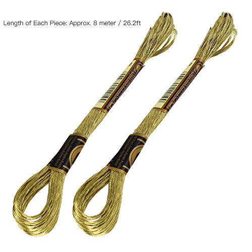Metallic Embroidery Skein Threads for Hand Embroidery, 24 Pcs Light Gold Cross Stitch Floss for Friendship Bracelets and DIY Craft Projects