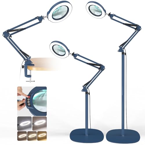 12X Real Glass Magnifying Glass with Light and Stand, LED 5 Color Modes, Stepless Dimmable Magnifying Floor Lamp, 3-in-1 Adjustable Swing Arm Lighted Magnifier Lamp with Clamp for Craft - Blue - color: Blue