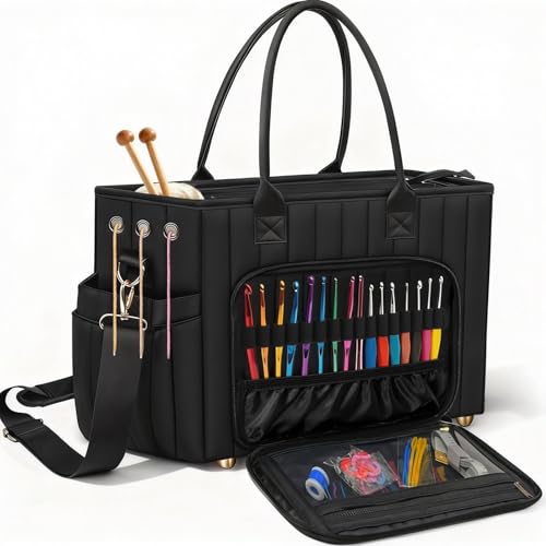 VERONLY Crochet Bag Yarn Storage, Large Knitting Tote with Padded Crochet Hook Organizer, Tote with Multiple Compartments for Crochet Lovers, Knitting Accessories, Unique Valentines Gifts for Her - color: Black02