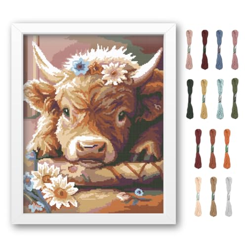 FREEBLOSS Cross Stitch Kit Highland Cattle Stamped Cross Stitch Kit Cross Stitch Wall Hanging for Adults with Instructions Pure Cotton Cloth Cross Stitch for Beginnrs 15.7 * 19.7'' No Frame