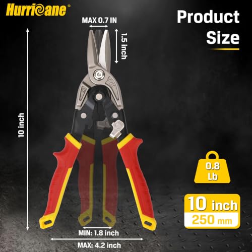 HURRICANE 10 Inch Aviation Tin Snips, Premium CR-MO Blade Straight Cut Metal Shears, High-Leverage for Sheet Metal, HVAC, Gutter and DIY Projects, with Safety Lock & Comfort Grip Handle