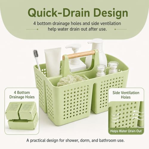 Portable Shower Caddy Basket with 3 Compartments and Handle, Grass Green - color: Grass Green