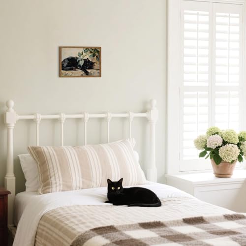 Framed Black Cat Canvas Wall Art, Vintage Sleeping Cat with Plant Picture Wall Decor Paintings, Cute Animal Poster Prints Rustic Aesthetic Home Decor for Living room Bedroom Bathroom 8x10 inch - color: Black Cat, size: 10"L x 8"W