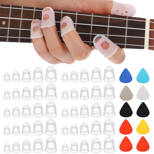 50 Pcs Guitar Fingertip Protectors, 5 Sizes Silicone Finger Tips Protectors with 10 Picks for Acoustic Electric Guitar Ukulele Banjo Mandolin, Reusable Practice Kit