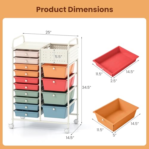 Giantex 14 Drawer Storage Cart, Rolling Craft Cart with Metal Tabletop & Pegboard, Mobile Utility Organizer Trolley with Locking Wheels, Home Office, Macaron Multicolor - color: Macaron, size: 14 Drawer-25"x14.5"x34.5"