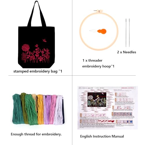 Canvas Tote Bag Embroidery Kit, Embroidery Kit for Beginners Adults, Embroidery Starter kit with Flower Pattern, Canvas Bag Cross Stitch Kits, Cross Stitch Kit with Hoops, Color Threads and Tool - color: Black Green