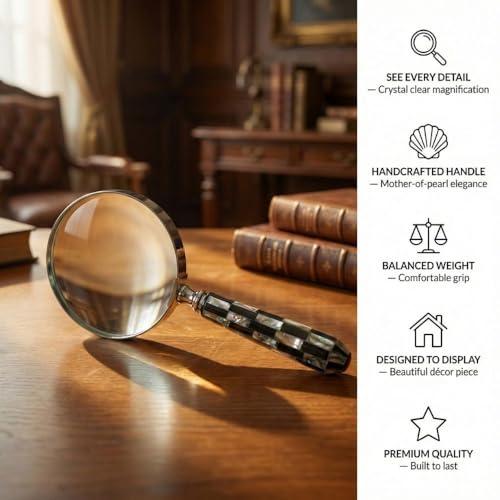 Magnifying Glass with Mother of Pearl Handle, Handheld 10x Magnifying Glass Lens, Antique Magnifier, Reading, Inspection, Coin & Stamp, Astrologer, Low Sight Elderly Collectible Décor Gift 4" - style: Mother of Pearl Handle 5