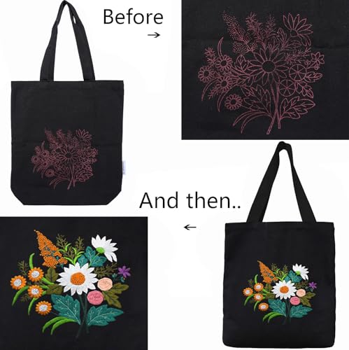 CREAWONDER Canvas Tote Bag Embroidery Kit with Pattern for Beginners, Arts and DIY Embroidery Crafts Kits for Adults, Include Instructions, Thimble, Embroidery Hoops, Color Threads and Tool - color: CR002 chenhuicaoxin black