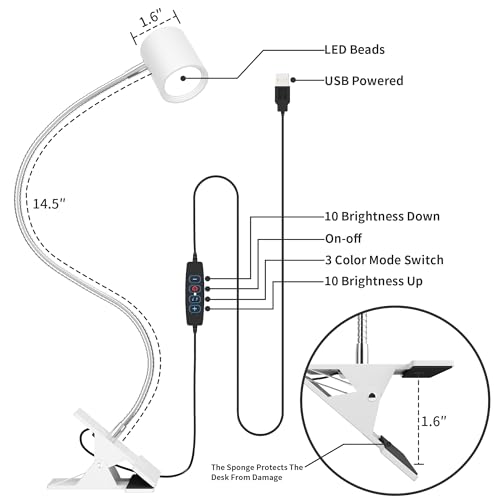 Dott Arts Desk Lamp,USB Clip On Light with 3 Color Modes,LED Reading Lamp - color: White
