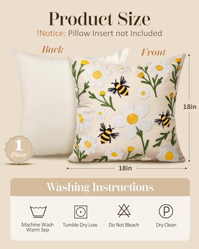 Embroidered Throw Pillow Cover 18x18 Inch, Flower Bee - color: Flower Bee, size: 18" x 18" (Pack of 1)