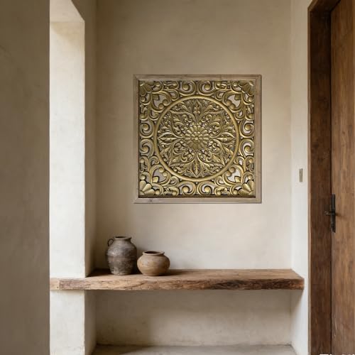 XIAOAIKA Boho Carved Wood Wall Art Panel, Floral Mandala, Distressed Gold - color: Gold