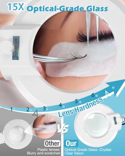 15X Super Bright 2,200 Lumens Magnifying Glass with Light and Stand, Floor Lamp with 5 Wheels Rolling Base for Lash Estheticians, Stepless Dimmable, LED Lighted Magnifier for Sewing Crafts - White - color: White