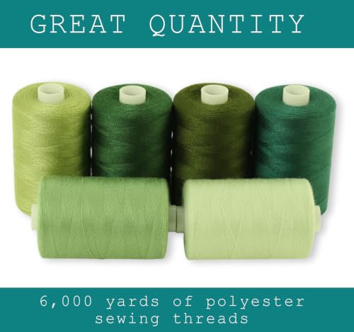 BlesSew Sewing Thread in Green Color Tones – 6 Spools of Polyester Thread for Sewing Machine for Beginners, Hand Stitching & Quilting - 1000 yds per Spool - color: Green
