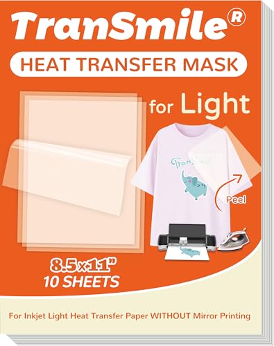 TranSmile Heat Transfer Mask for Inkjet Light Heat Transfer Paper (10 Sheets, 8.5"x11"), Clear Iron on Transfer Tape for Light Printable HTV - color: Light Mask, size: 10 Sheets
