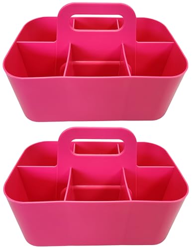 2 Pack Small 6 Compartment Multiuse Caddy Organizer with Handle Art Craft Supplies, Office, Desk, Stationery Pen Holder Stackable- Made In USA (Hot PInk) - color: Hot PInk