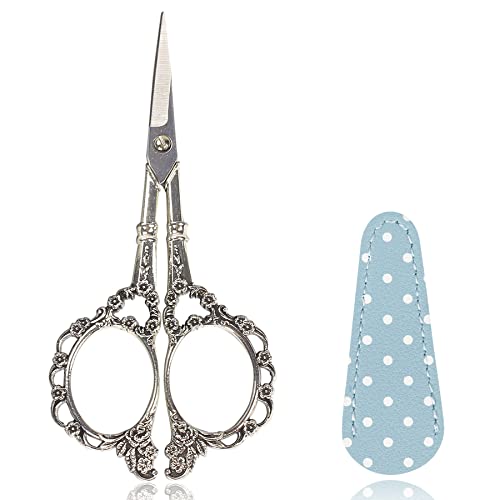 BIHRTC 4.5inch Plum Blossom Embroidery Scissors with Leather Case - style: Vintage Silver