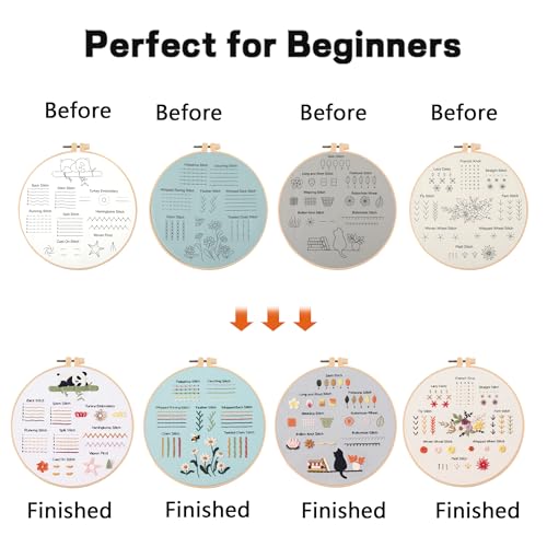 JOINRUN Beginner Embroidery Kit for Adults, 4 Pack with Video Tutorial - color: Panda