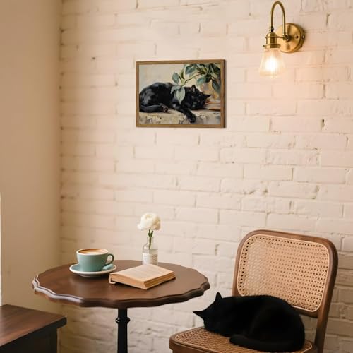 Framed Black Cat Canvas Wall Art, Vintage Sleeping Cat with Plant Picture Wall Decor Paintings, Cute Animal Poster Prints Rustic Aesthetic Home Decor for Living room Bedroom Bathroom 16x24 inch - color: Black Cat, size: 24"L x 16"W