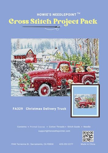 Howie's Needlepoint Cross Stitch Kits, 14CT Pre-Printed Pattern Embroidery Set Needlework, Full Range of Stamped Starter Kits(Christmas Delivery Van, 24.4 x 17.32 inch) - color: Christmas Delivery Van