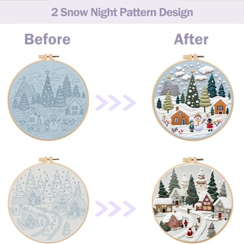Offizon Christmas Embroidery Kit for Beginners, 2 PCS Starter Cross Stitches, Winter Night Santa Handicrafts, Merry Chistmas - color: Christmas Snow